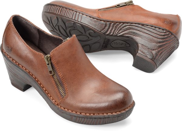 Born Shoes - An exposed side zipper gives modern attitude to a simple,slip-on clog.   Full-grain leather or oiled suede  Leather lining  Polyurethane outsole  Opanka hand-crafted construction  Heel Height: 2  inches - #bornshoes #beigeshoes