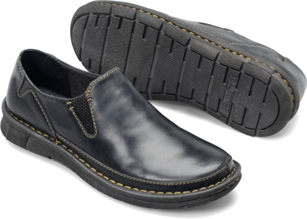 Born Shoes - This slip-on, with sporty contrast stitching, is crafted with full-grain leather, a comfortable insole and double gore for easy on and off. Perfect for everyday wear, the comfort of this slip-on cannot be beat. - #bornshoes #blackshoes