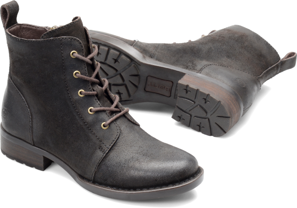 Born Shoes - Vintage meets modern in this clean, lace-up boot crafted in an austere color palette. Choose between caf distressed leather, lustrous black, or prugna distressed leather  a beautiful deep burgundy that adds color and dimension to an outfit. - #bornshoes #brownshoes