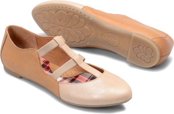 Born Shoes - A two-tone ballet flat with stretchy elastic straps for easy on and off. A soft almond toe allows this silhouette a beautiful, refined look. - #bornshoes #beigeshoes