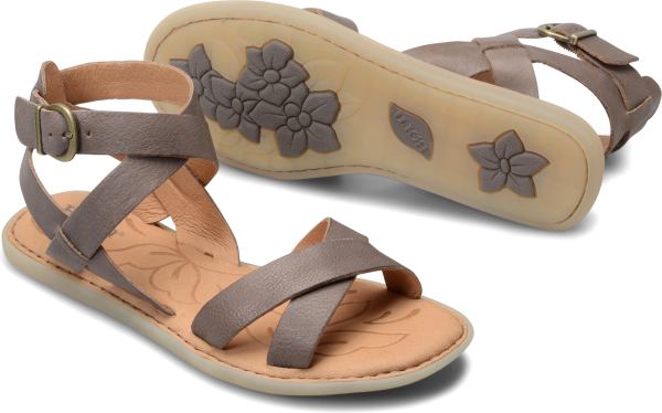 Born Shoes - The color of these crisscrossing full-grain leather straps matches the floral detail on the bottom of the shoe. Here''s to charming, artful details that you simply won''t find elsewhere. - #bornshoes #grayshoes