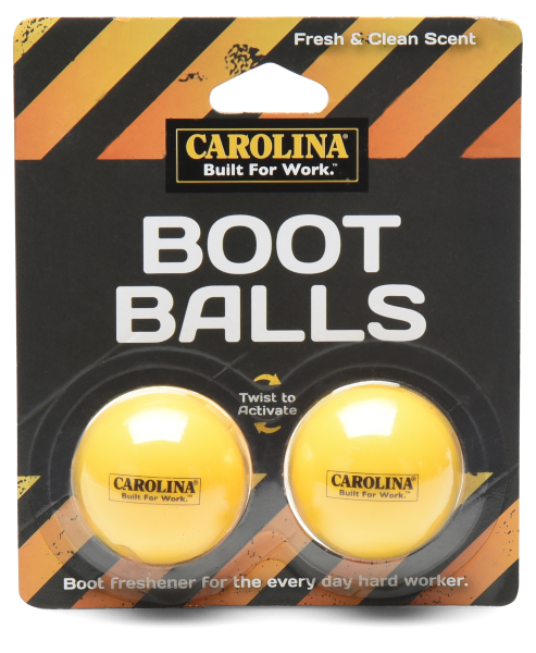 Toss these Boot Balls into your boots to help deodorize after a long day on your feet.   Fresh & Clean Scent  Twist to Activate Scent  2 Balls Per Pack  Logo Imprint on Front