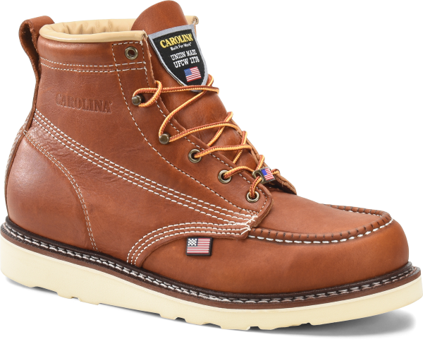 Men''s 6" Domestic Moc Toe Wedge Boot.  A work boot with real integrity - from sea to shining sea.   Tobacco Stampede Leather Upper  Removable AG7 Polyurethane Footbed  Electrical Hazard Rated  Steel Shank  Welt Construction  Slip Resisting Meramec Raptor Polyurethane Outsole  Union Made in USA from Global Parts  Steel Toe Version: CA7503