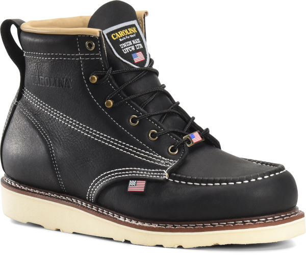 Mens 6 Domestic Moc Toe Wedge Work Boot   Black Stampede Leather Upper  Removable Polyurethane Footbed  Electrical Hazard Rated  Steel Shank  Welt Construction  Slip Resisting Meramec Raptor Polyurethane Outsole  Union Made in the USA of Global Parts  Traditional Carolina Gold Lace Option Supplied