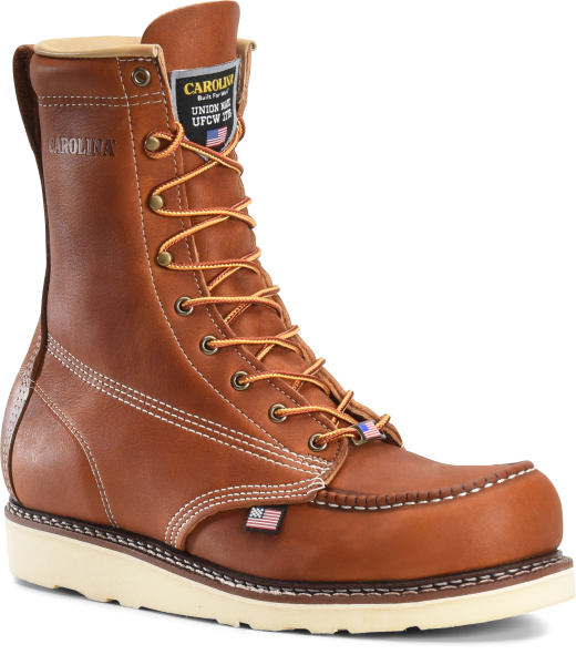 Men''s 8" Domestic Moc Toe Steel Toe Wedge Work Boot. A work boot with real integrity - from sea to shining sea.   Tobacco Stampede Leather Upper  Steel Safety Toe Cap  Removable AG7 Polyurethane Footbed  Electrical Hazard Rated  Steel Shank  Welt Construction  Slip Resisting Meramec Raptor Polyurethane Outsole   Union Made in USA from Global Parts > Soft Toe Version: CA7002