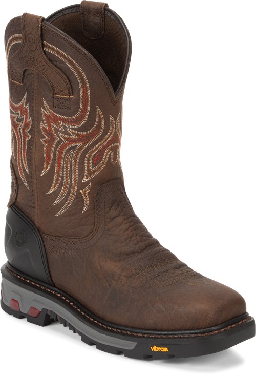justin men's axe tan mahogany round toe work boot