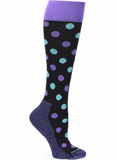 Half Cushion Compression Socks accessories shown in blue & purple dots