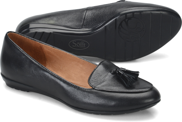 Sofft Shoes - A luxe slipper flat in rich materials.    Offered in leather, printed suede or suede with calf hair  Patent leather accents   Twin tassel detail   Leather lining  Leather comfort footbed  Padded heel collar   Heel height:  inch - #sofftshoes #blackshoes
