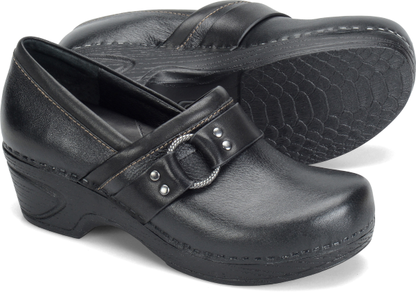 Sofft Shoes - A versatile clog with harness-inspired details.   Made in USA from fine components sourced worldwide  Offered in full-grain leather  Burnished metal accents  Signature leather comfort footbed  Staple construction  One-piece unit with two-tone finish  Heel height: 2 1/2 inches - #sofftshoes #blackshoes