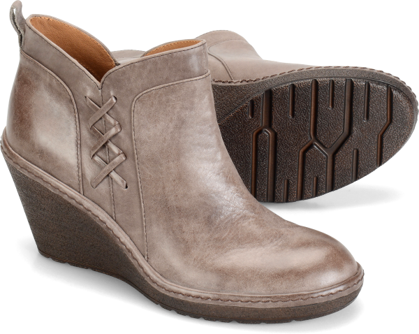 Sofft Shoes - Artisan details accent this charming wedge bootie.    Offered in leather   Leather accent stitching  Side zipper  Microfiber lining  Leather comfort footbed  Heel height: 3 3/4 inches with a 3/4 inch platform - #sofftshoes #grayshoes