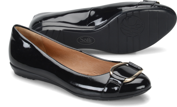 Sofft Shoes - A modern buckle flat in rich finishes.     Offered in patent, snake print or metallic leather    Metallic buckle ornament     Leather lining    Leather comfort footbed    Padded in heel for extra comfort     Heel height:  inch - #sofftshoes #blackshoes