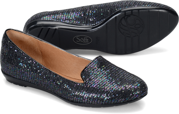 Sofft Shoes - A favorite silhouette, dressed with a touch of shimmer.   Offered in glitter fabric with patent trim  Leather lining  Leather lined footbed, cushioned at ball and heel for extra comfort  Padded heel collar  Heel Height: 3/4 inch  Flexible construction - #sofftshoes #purpleshoes