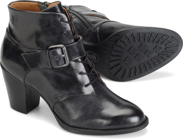 Sofft Shoes - Smooth leather wraps this essential fall bootie.   Offered in leather   Lace-up styling with buckled strap  Side zipper  Microfiber lining  Leather comfort footbed  Stacked heel   Heel height: 2  inches - #sofftshoes #blackshoes