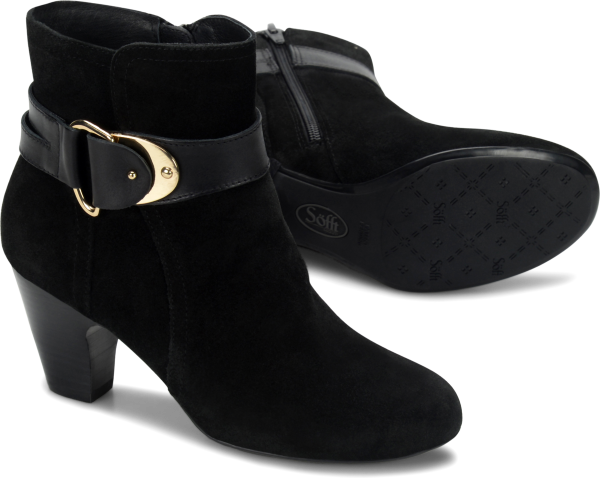 Sofft Shoes - An essential suede bootie with feminine buckle.   Offered in suede  Microfiber lining  Leather footbed, cushioned for comfort  Side zipper  Stacked heel  Heel Height: 2 inches - #sofftshoes #blackshoes