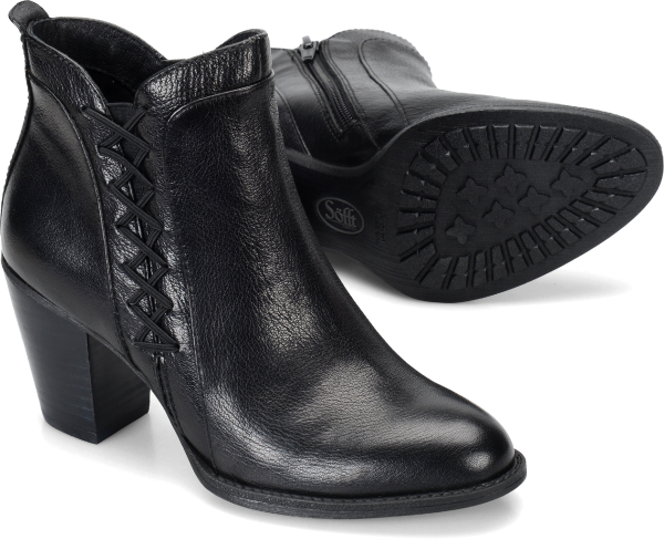 Sofft Shoes - A supple ankle boot with bold cross-stitch detail.   Offered in full-grain leather  Microfiber lining  Leather footbed, cushioned for comfort  Side zipper  Stacked heel  Heel Height: 2 3/4 inches - #sofftshoes #blackshoes