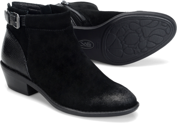 Sofft Shoes - Exotic texture accents this suede bootie.   Offered in suede with lizard print accents  Microfiber lining  Leather footbed, cushioned for comfort  Side zipper  Buckle detail  Stacked heel  Heel Height: 1 1/2 inches  Flexible construction - #sofftshoes #black suedeshoes